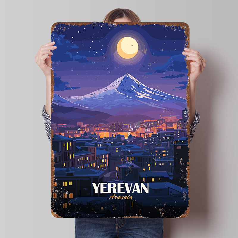 Home Decor Yerevan - Metalowy plakat z widokiem nocnego Erevana,